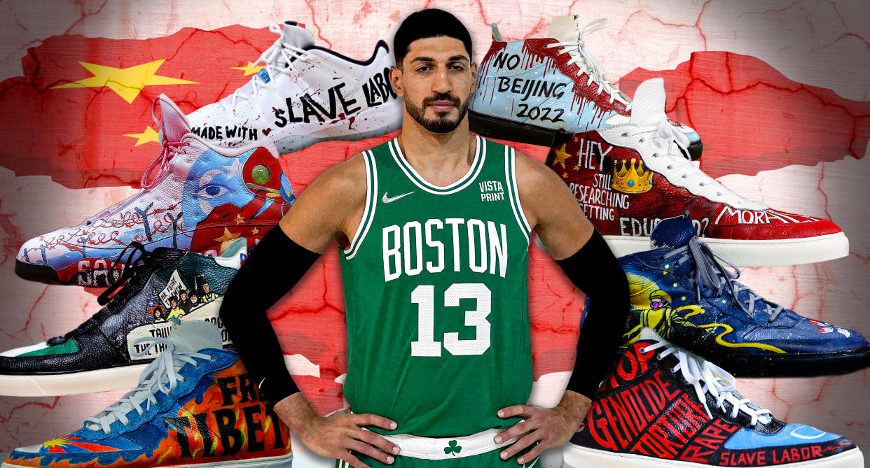 Boston Celtics center Enes Kanter has worn a series of custom-designed sneakers to protest alleged human rights abuses in China. (Graphic by Michael Wagstaffe/Yahoo Sports)