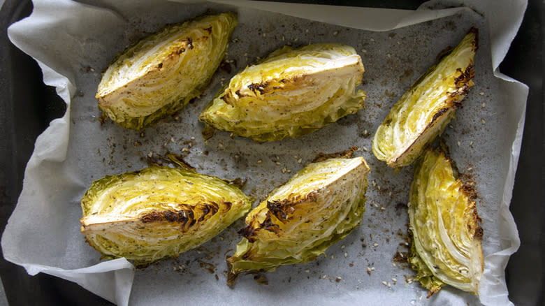 Roasted cabbage wedges in pan