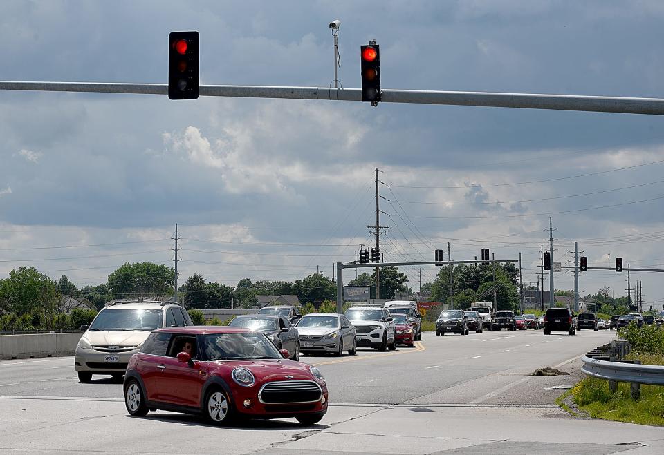 Eastbound traffic on Grindstone Parkway turns north onto the Highway 63 on-ramp Friday. The Missouri Department of Transportation will release a construction bid request in the fall of 2023 that will lead to changes in traffic flows on the east side of the interchange at U.S. Highway 63 and Grindstone Parkway.