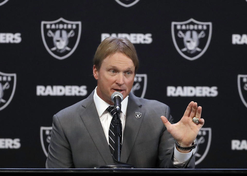 Oakland Raiders head coach Jon Gruden answers questions during his introductory news conference on Tuesday. (AP)