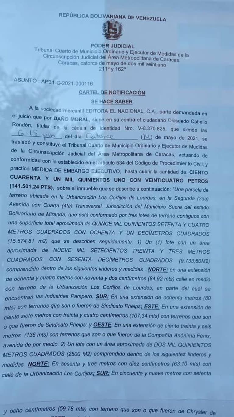 El cartel de notificación por el embargo a El Nacional