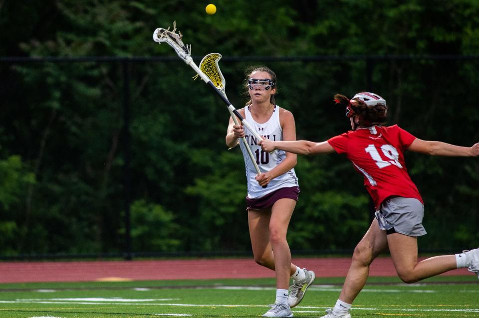 O'Neill's Bella Alberici passes the ball during the Section 9 Class D girls lacrosse championship game at O'Neill High School in Highland Falls, NY on Thursday, May 26, 2022. O'Neill defeated Red Hook 19-7. KELLY MARSH/FOR THE TIMES HERALD-RECORD