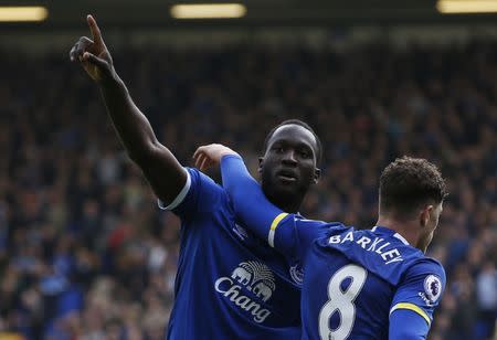 Britain Soccer Football - Everton v Burnley - Premier League - Goodison Park - 15/4/17 Everton's Romelu Lukaku celebrates scoring their third goal with Ross Barkley Reuters / Andrew Yates Livepic