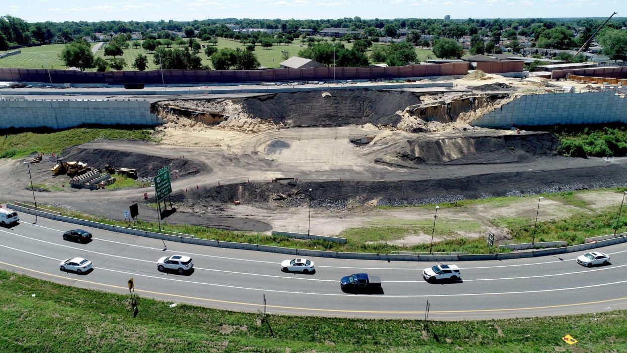 A collapsed section of a ramp under construction adjacent to the RT 42 to Rt 295 north ramp is shown in this drone view Thursday, June 24, 2021.