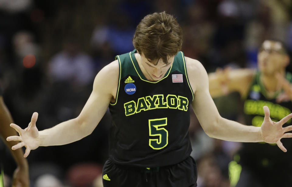 Baylor guard Brady Heslip reacts against Creighton during the first half of a third-round game in the NCAA college basketball tournament Sunday, March 23, 2014, in San Antonio. (AP Photo/David J. Phillip)