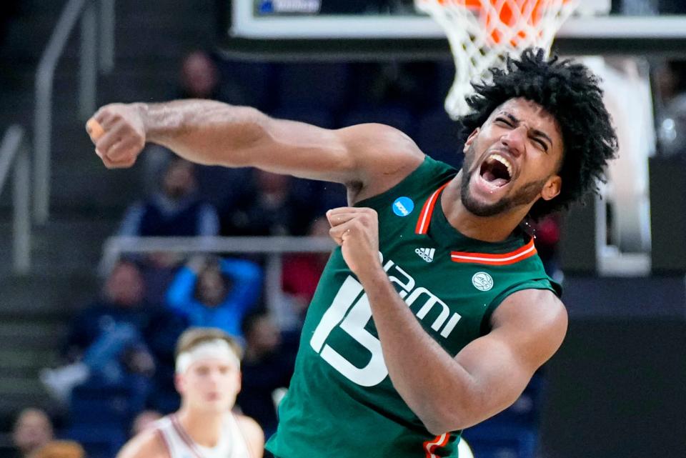 Norchad Omier reacts during Miami's win over Indiana.