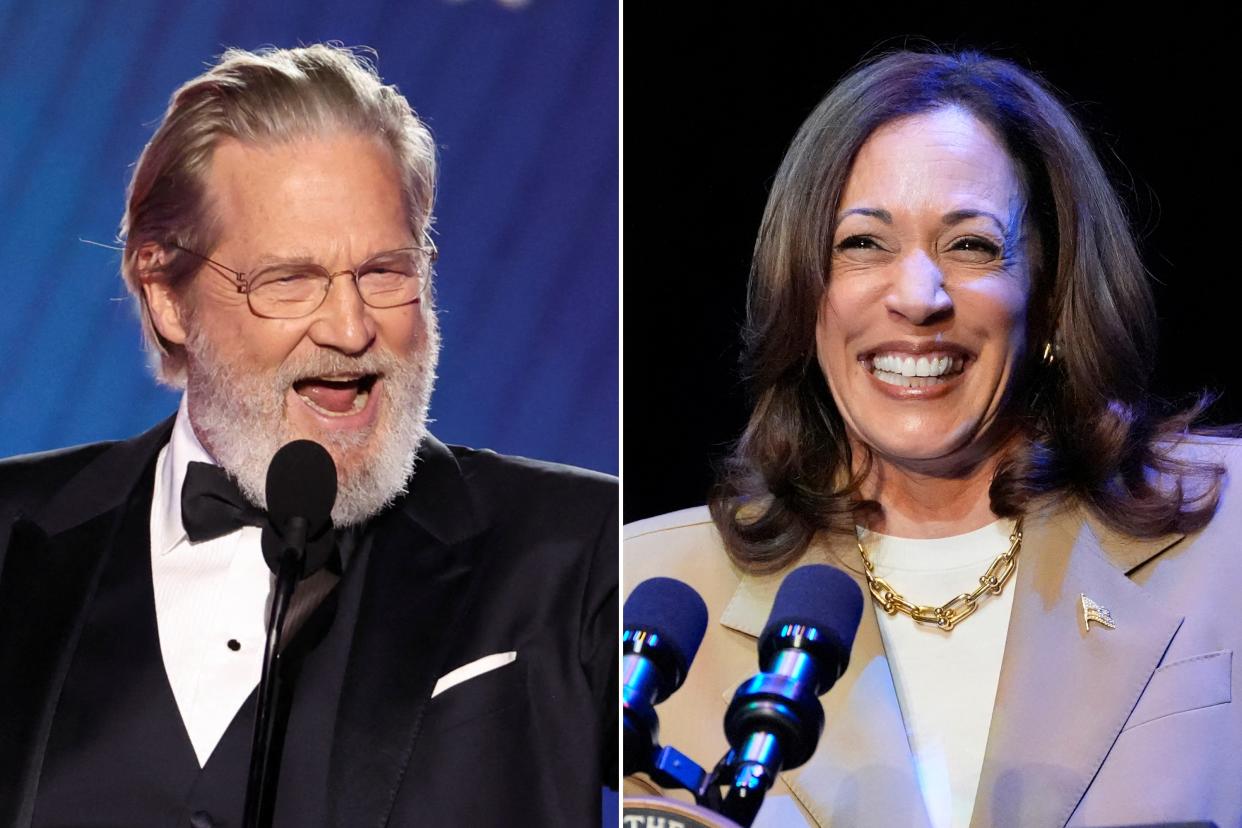 Split image of Jeff Bridges and Kamala Harris.