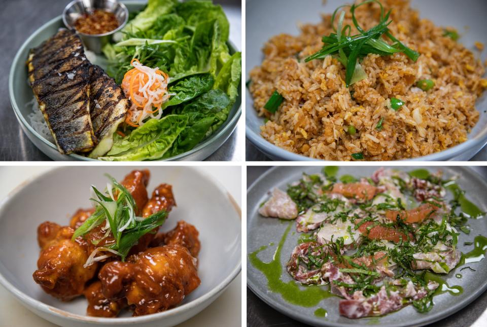 TOP LEFT: Grilled branzino. TOP RIGHT: Crab fried rice. BOTTOM RIGHT: Hiramasa and prosciutto. BOTTOM LEFT: Fried chicken wings.