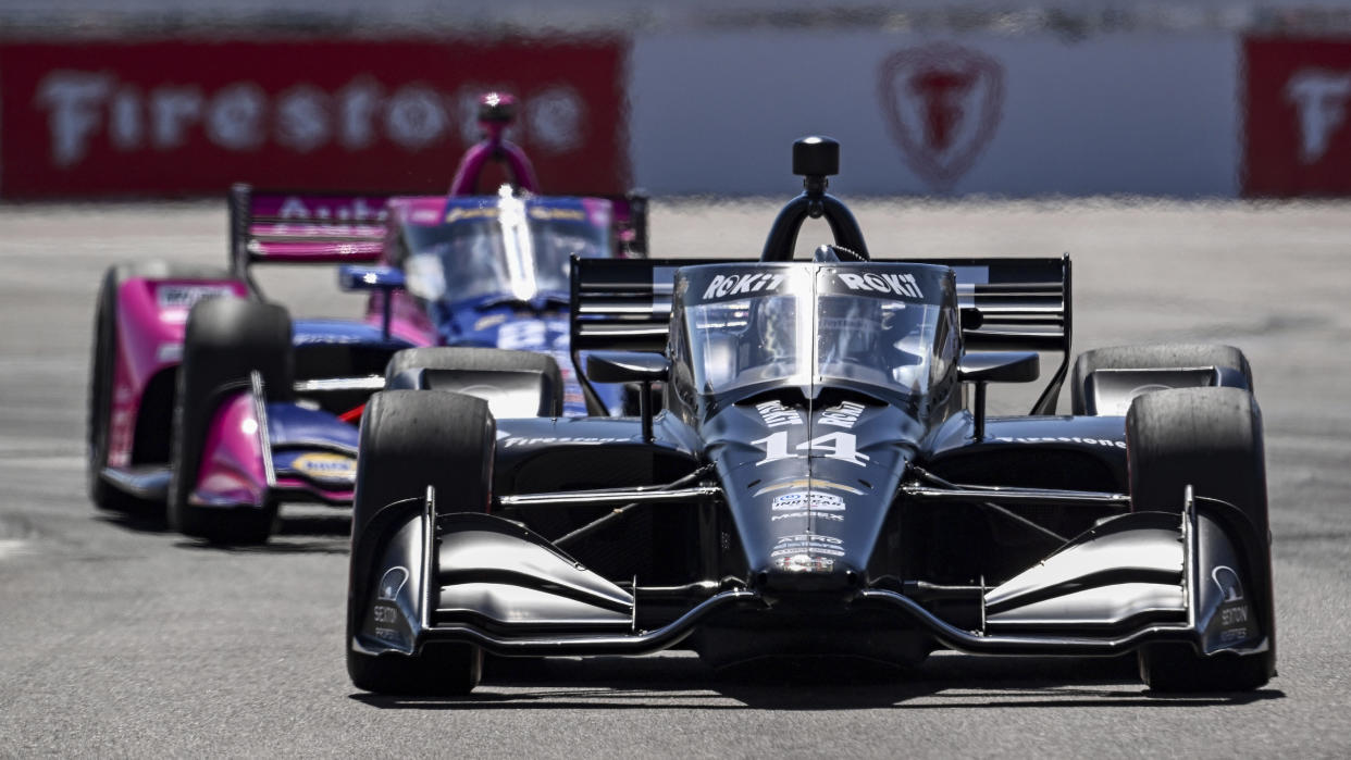 Kyle Kirkwood drives the ROKiT/AJ FOYT RACING Chevrolet (car 14) during the Grand Prix of St. Petersburg Sunday, Feb. 27, 2022, in St. Petersburg, Fla. (AP Photo/Steve Nesius)