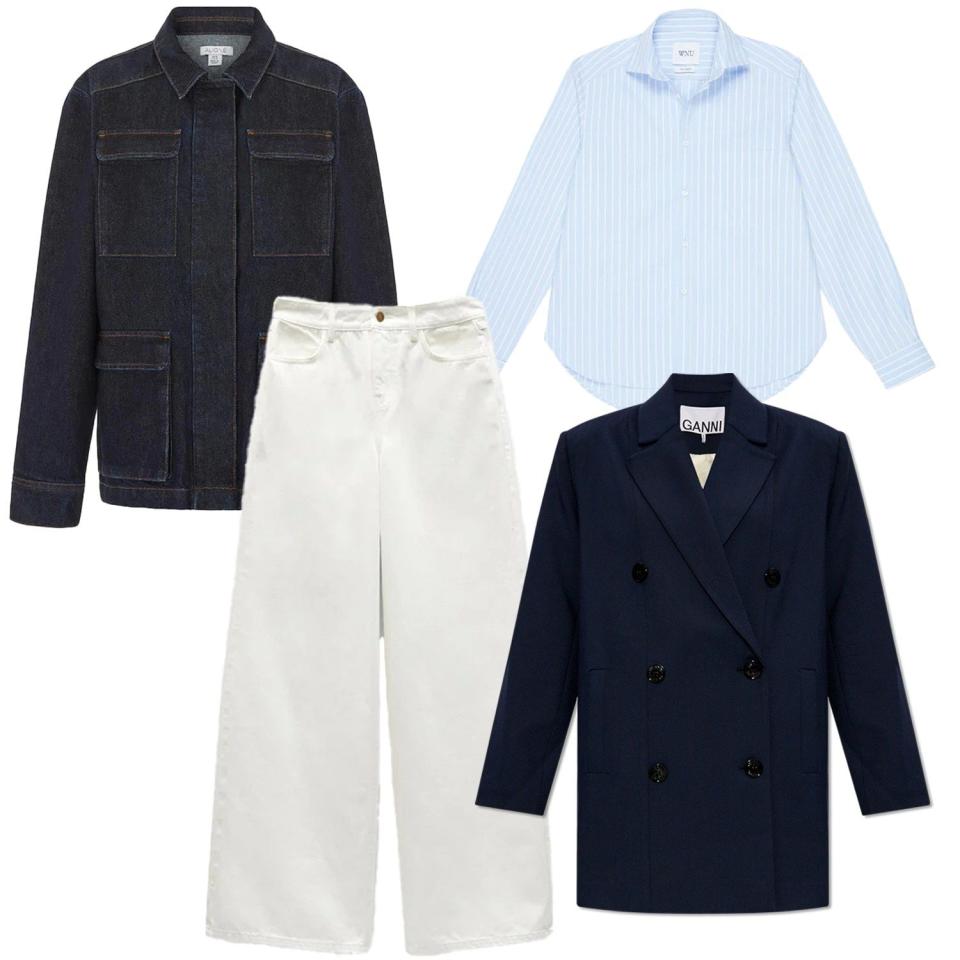 Abi jeans, currently £81 down from £95, Hush; Indigo denim shacket, £119, Aligne; Striped shirt, £95, WNU; Ganni double-breasted blazer, £365, Ssense