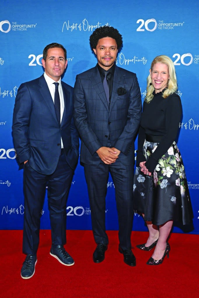 NEW YORK, NEW YORK - MAY 03: (L-R) Brian Weinstein, Trevor Noah, and Jessica Pliska attend as The Opportunity Network celebrates 20-year anniversary with Annual Night of Opportunity Gala at Cipriani Wall Street on May 03, 2023 in New York City. (Photo by Dimitrios Kambouris/Getty Images for Opportunity Network)