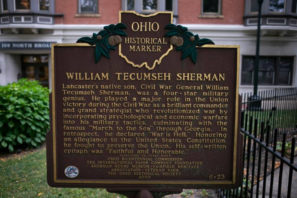 The Ohio Historical Marker for William Tecumseh Sherman at Veterans Park on September 26, 2023, in Lancaster, Ohio.