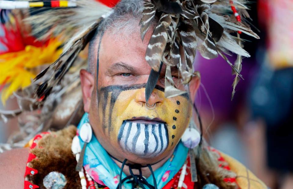 Chief Keith Anderson of the Nansemond Indian Nation was one of the over a thousand people who attended the Dix Park Inter-Tribal Pow Wow in Raleigh, N.C., Saturday, August 26, 2023. Ethan Hyman/ehyman@newsobserver.com