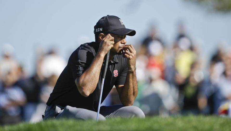 Tiger Woods waits his turn on the second green of the South Course at Torrey Pines during the third round of the Farmers Insurance Open golf tournament Saturday, Jan. 25, 2014, in San Diego. (AP Photo/Lenny Ignelzi)