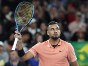 Australia's Nick Kyrgios waves after defeating Italy's Lorenzo Sonego in their first round singles match at the Australian Open tennis championship in Melbourne, Australia, Tuesday, Jan. 21, 2020. (AP Photo/Andy Brownbill)