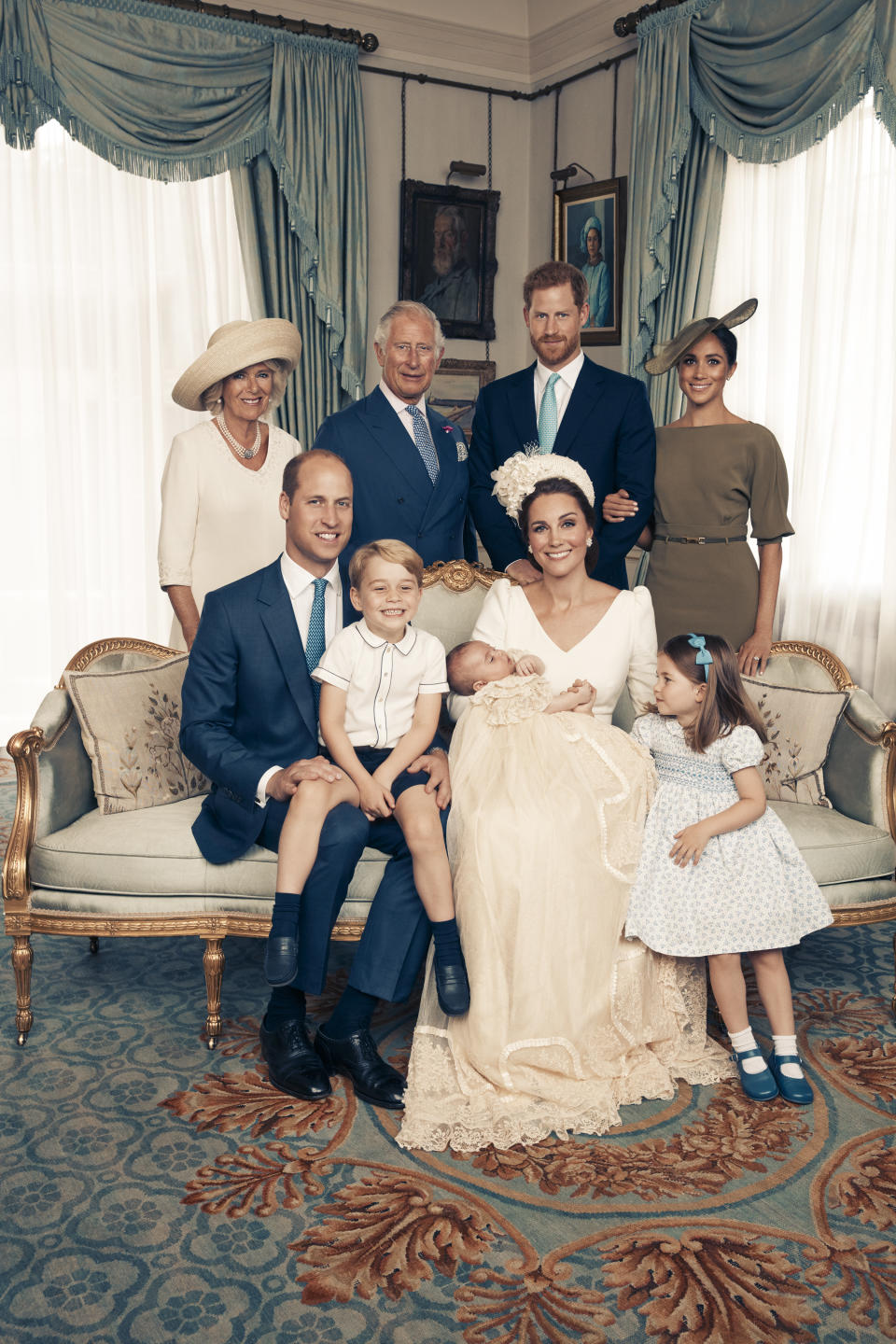 Princess Charlotte couldn’t keep her eyes off her little brother as she posed for the photo with just royal family members. Source: Getty