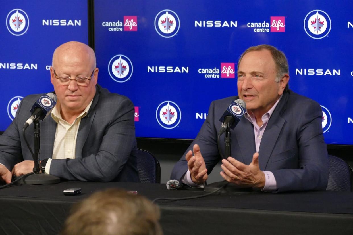 NHL deputy commissioner Bill Daly and NHL commissioner Gary Bettman answer questions from reporters in Winnipeg on Tuesday. (Jeff Stapleton/CBC - image credit)