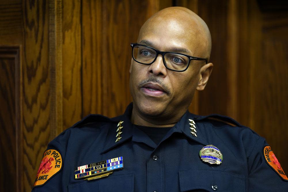 Waterloo Police Chief Joel Fitzgerald speaks during an interview with The Associated Press, Tuesday, Sept. 7, 2021, in Waterloo, Iowa. (AP Photo/Charlie Neibergall)