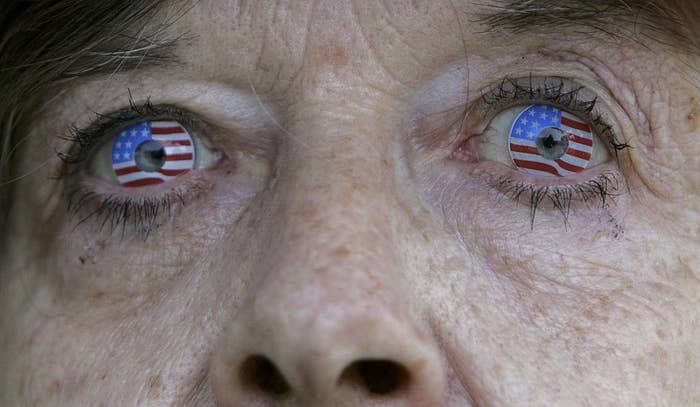 A woman with contacts that are colored to replicate the U.S. Flag