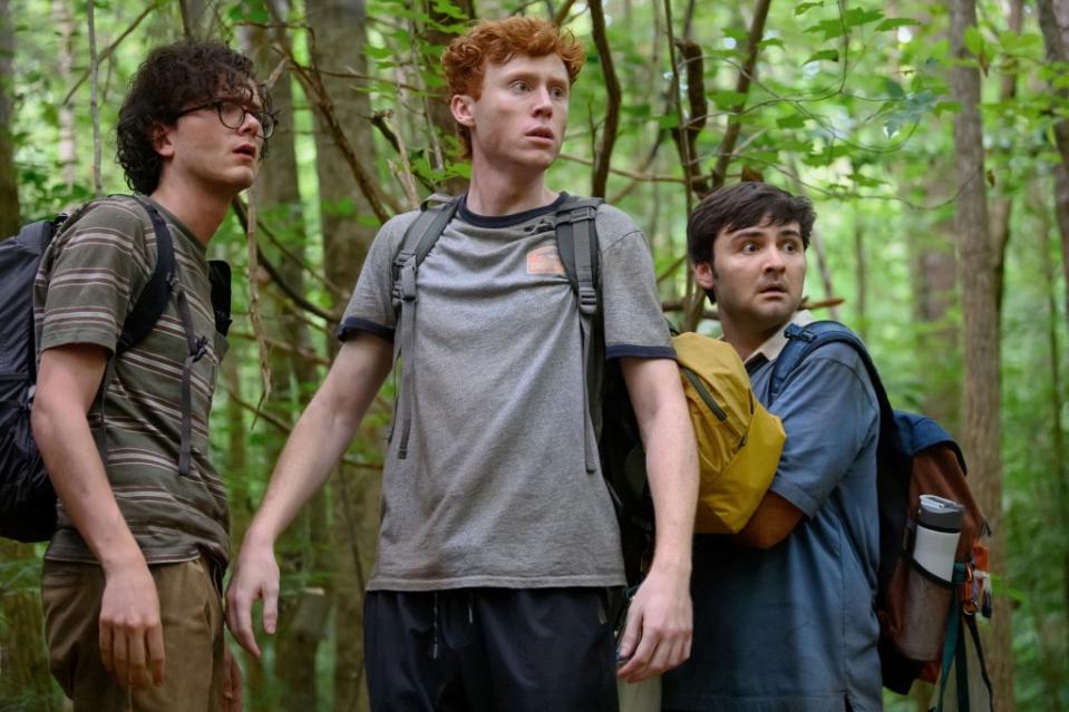 PLEASE DON’T DESTROY — Pictured: (l-r) Martin Herlihy as Martin, Ben Marshall as Ben, John Higgins as John — (Photo by: Anne Marie Fox/Peacock/Universal Studios)