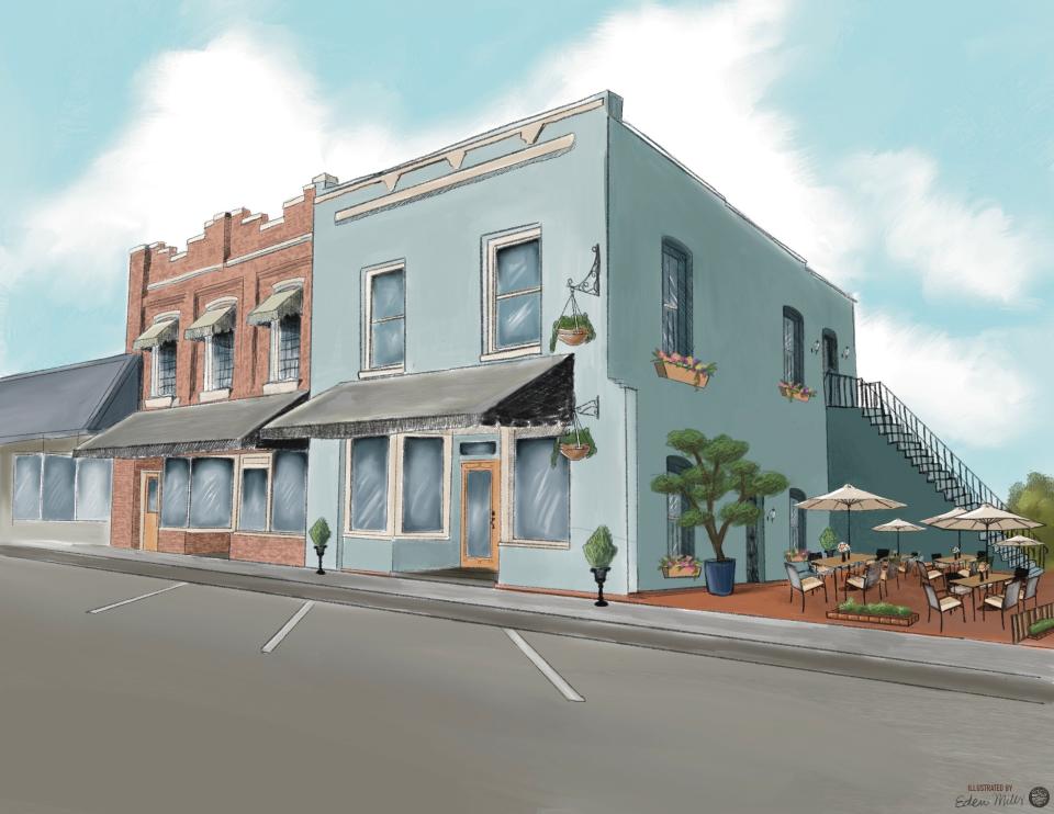 A rendering of the 2,250-square-foot space with exposed brick walls and a patio on Courthouse Avenue in historic Burgaw.