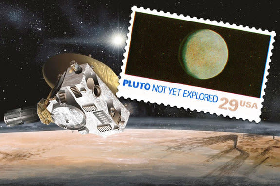 A 1991 U.S. postage stamp flying aboard NASA's New Horizons probe to Pluto is soon to be outdated given its inscription labeling the dwarf planet as “Not Yet Explored.