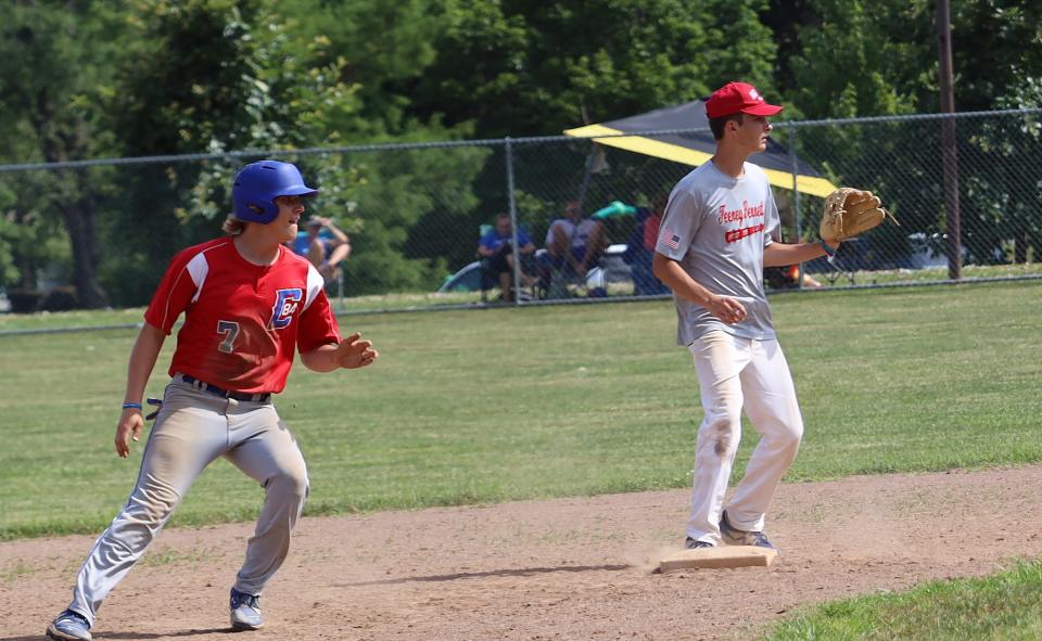 Cambridge Post 84's Jake Valentine (7) checks the play at first after rounding second base during Saturday's game with Meigs County in Don Coss Invitational action at Don Coss Stadium.