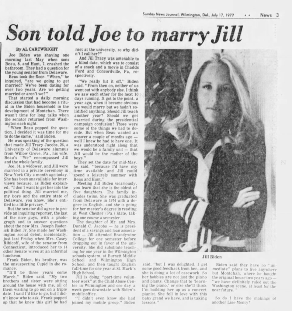 An excerpt from the Sunday, July 17, 1977 News Journal features an interview with the recently married Joe Biden.