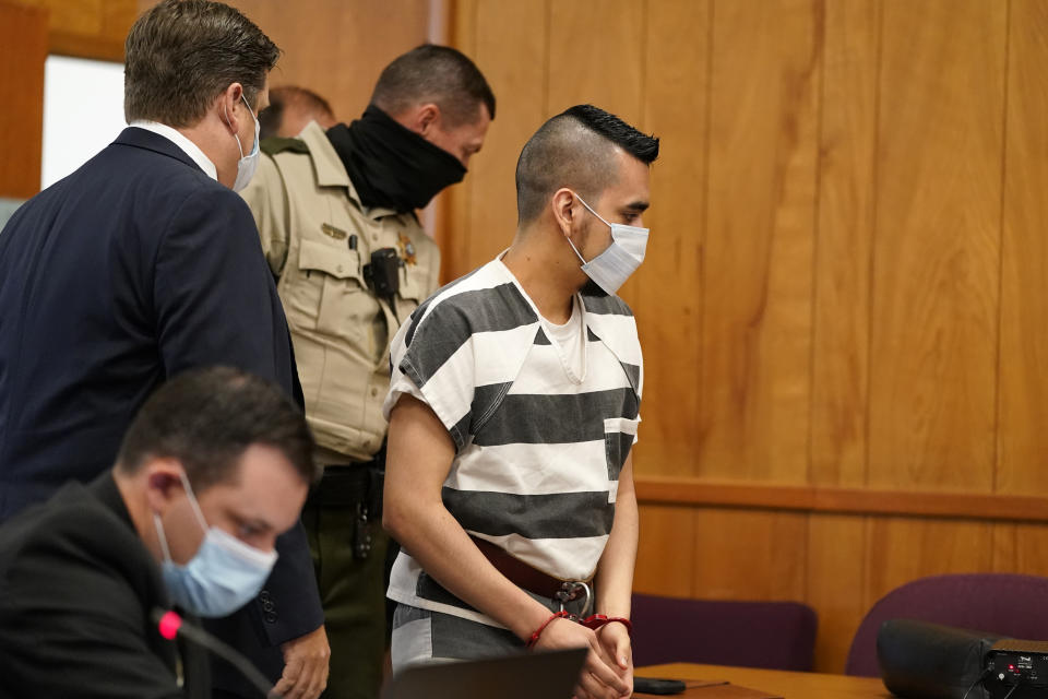 Cristhian Bahena Rivera arrives for his sentencing, Monday, Aug. 30, 2021, at the Poweshiek County Courthouse in Montezuma, Iowa. Rivera was sentenced to life in prison for the stabbing death of college student Mollie Tibbetts, who was abducted as she was out for a run near her small eastern Iowa hometown in July of 2018. (AP Photo/Charlie Neibergall, pool)