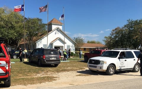 Emergency personnel respond to a fatal shooting at a Baptist church in Sutherland Springs, Texas - Credit: KSAT via AP