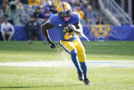 Pittsburgh running back Israel Abanikanda (2) makes a long run for a touchdown against Virginia Tech during the first half of an NCAA college football game, Saturday, Oct. 8, 2022, in Pittsburgh. (AP Photo/Keith Srakocic)