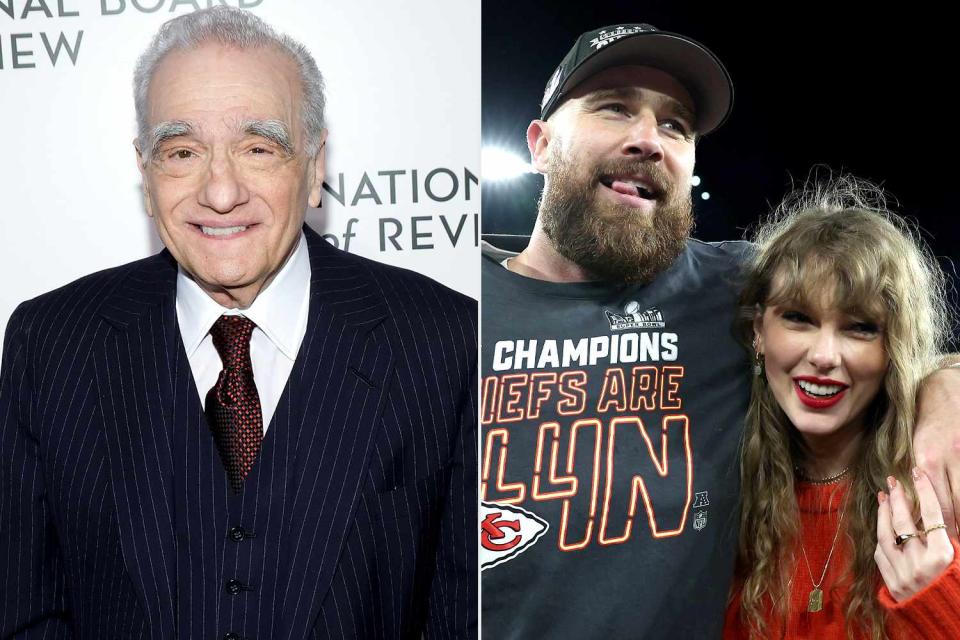 <p>Taylor Hill/FilmMagic; Patrick Smith/Getty</p> Martin Scorsese in New York City on Jan. 11, 2024; Travis Kelce and Taylor Swift in Baltimore on Jan. 28, 2024