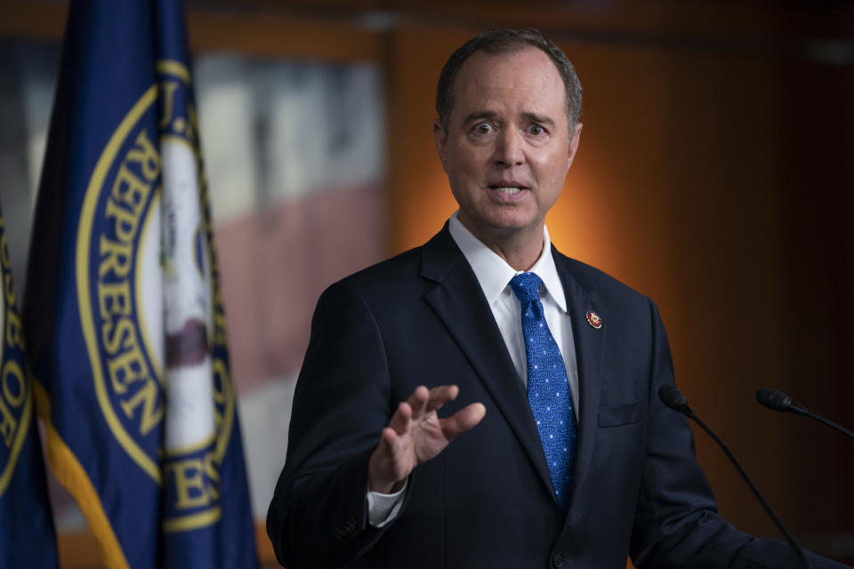 House Intelligence Committee Chairman Adam Schiff talks to reporters at the Capitol in Washington, D.C., on Wednesday. (AP Photo/J. Scott Applewhite)