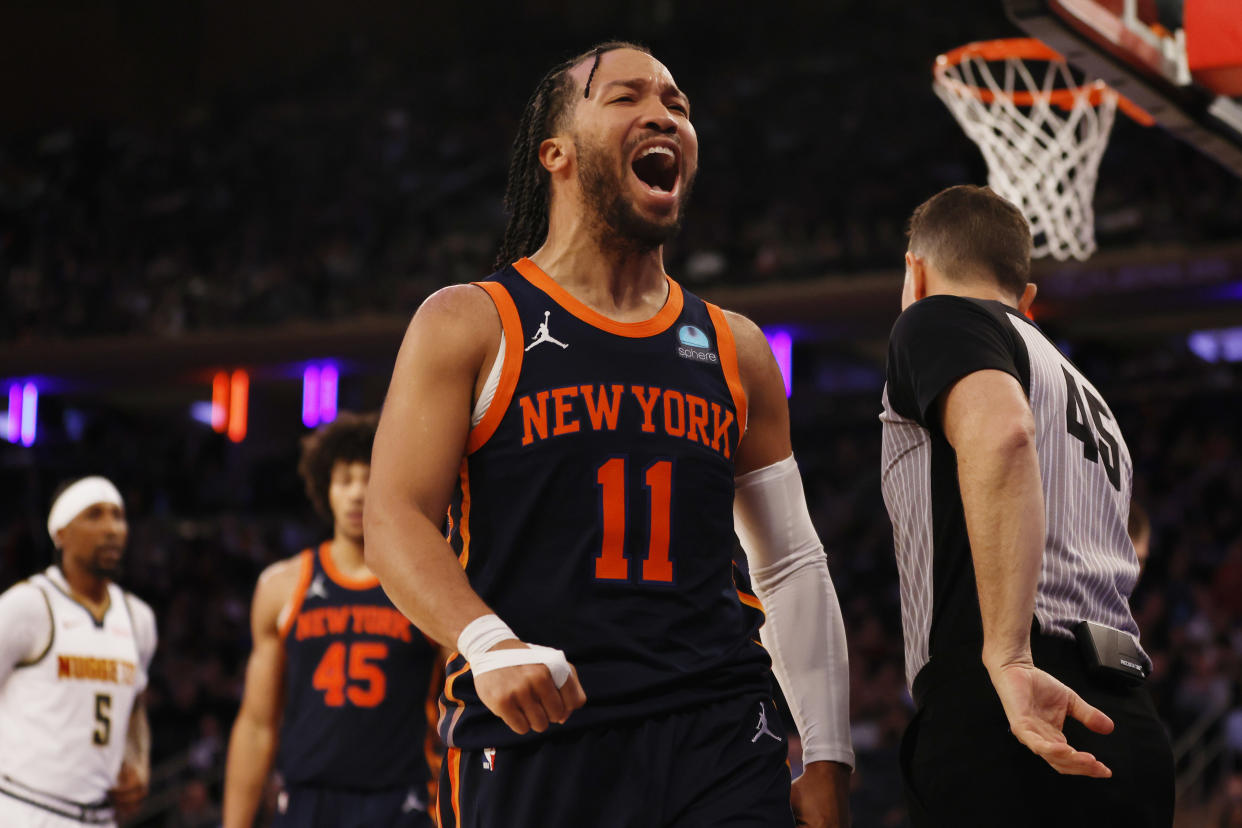 NEW YORK, NEW YORK - JANUARY 25: Jalen Brunson #11 of the New York Knicks reacts during the second half against the Denver Nuggets at Madison Square Garden on January 25, 2024 in New York City. NOTE TO USER: User expressly acknowledges and agrees that, by downloading and/or using this Photograph, user is consenting to the terms and conditions of the Getty Images License Agreement. (Photo by Sarah Stier/Getty Images)