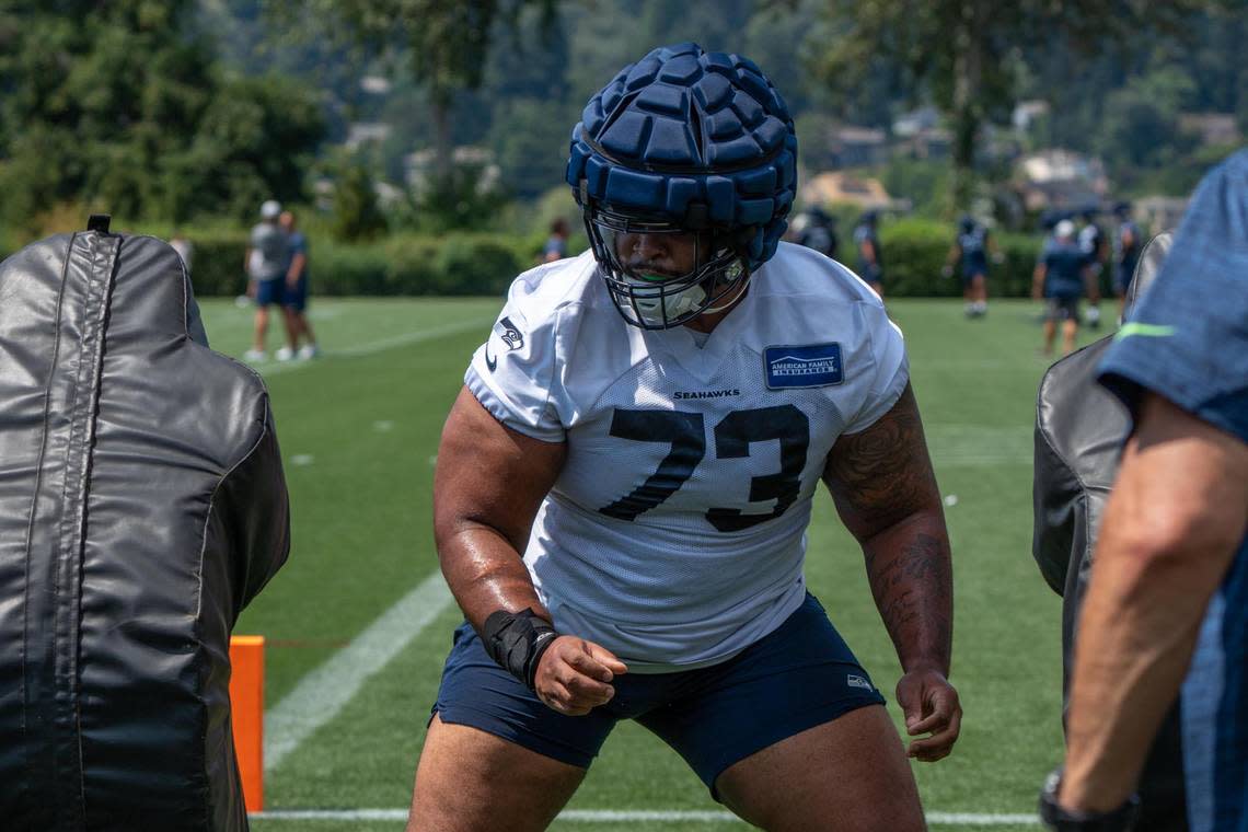 Seattle Seahawks defensive tackle Matt Gotel works on his defensive drills during the first day of training camp at the Virginia Mason Athletic Center on July 27, 2022.