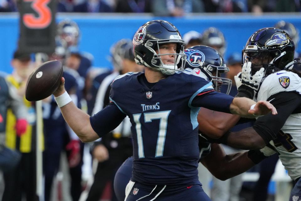Oct 15, 2023; London, United Kingdom; Tennessee Titans quarterback Ryan Tannehill (17) throws the ball against the Baltimore Ravens in the first half during an NFL International Series game at Tottenham Hotspur Stadium.