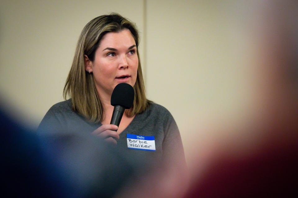 Barbie Walker, a candidate for Eugene city council’s Ward 7 seat, speaks during a candidate forum held by the City Club of Eugene on March 24.