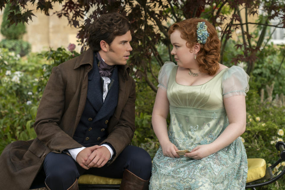 Luke Newton as Colin Bridgerton, Nicola Coughlan as Penelope Featherington in episode 301 of <i>Bridgerton</i><span class="copyright">Courtesy of Netflix</span>