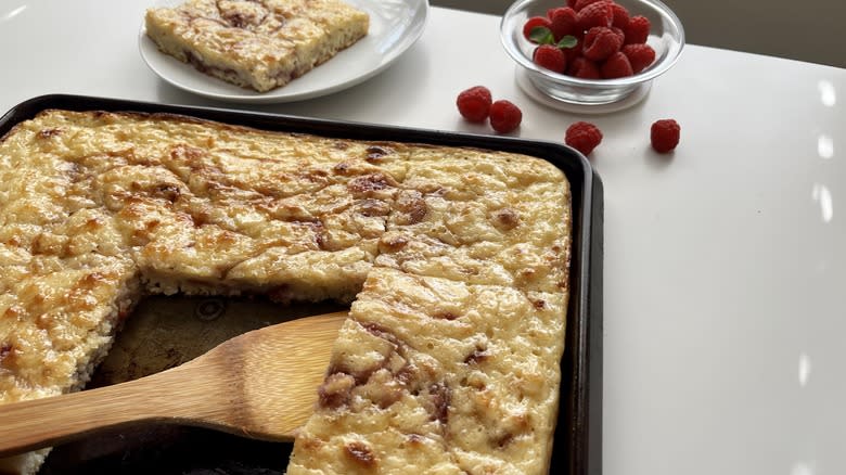 rectangular pancake with raspberries