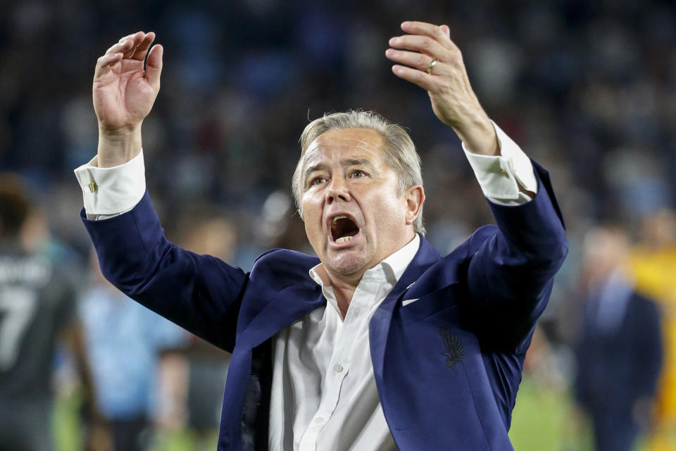 Aug 14, 2019; Saint Paul, MN, USA; Minnesota United head coach Adrian Heath applauds the crowd after defeating the Colorado Rapids at Allianz Field. Mandatory Credit: Bruce Kluckhohn-USA TODAY Sports