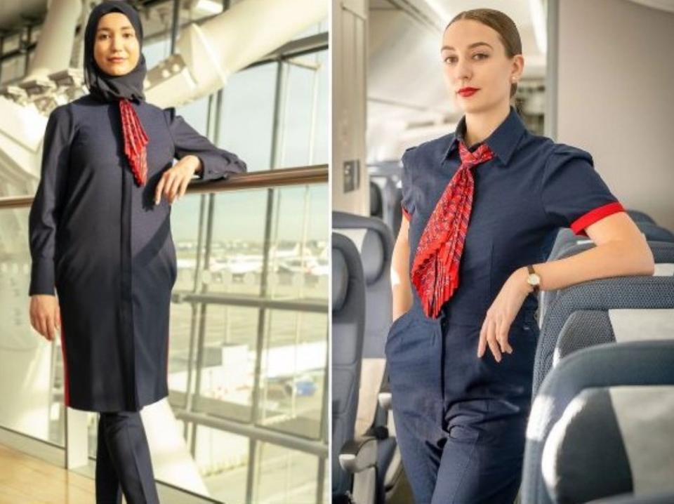 BA flight attendant in hijab next to photo of a female FA in the grey jumpsuot. both are wearing a red ascot.