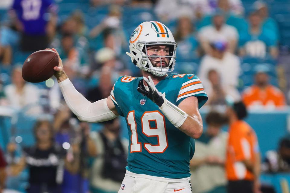 Sep 12, 2024; Miami Gardens, Florida, USA; Miami Dolphins quarterback Skylar Thompson (19) throws the football against the Buffalo Bills during the fourth quarter at Hard Rock Stadium. Mandatory Credit: Sam Navarro-Imagn Images