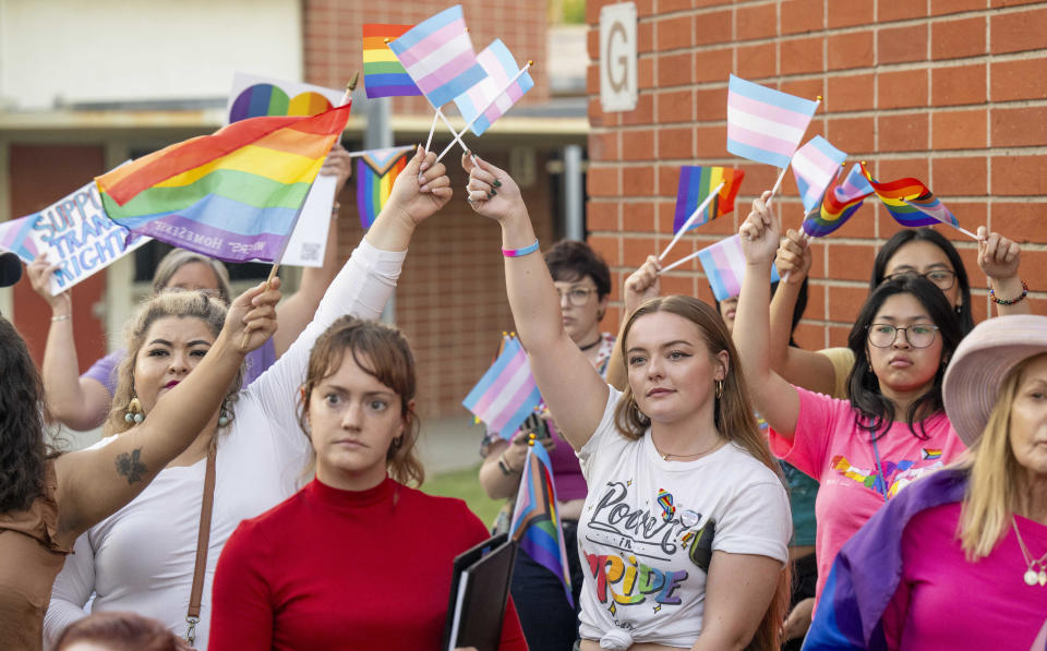 People against the transgender notification policy protest outside the Orange Unified School District meeting in Orange, California, on September 7, 2023. / Credit: Leonard Ortiz/MediaNews Group/Orange County Register via Getty Images