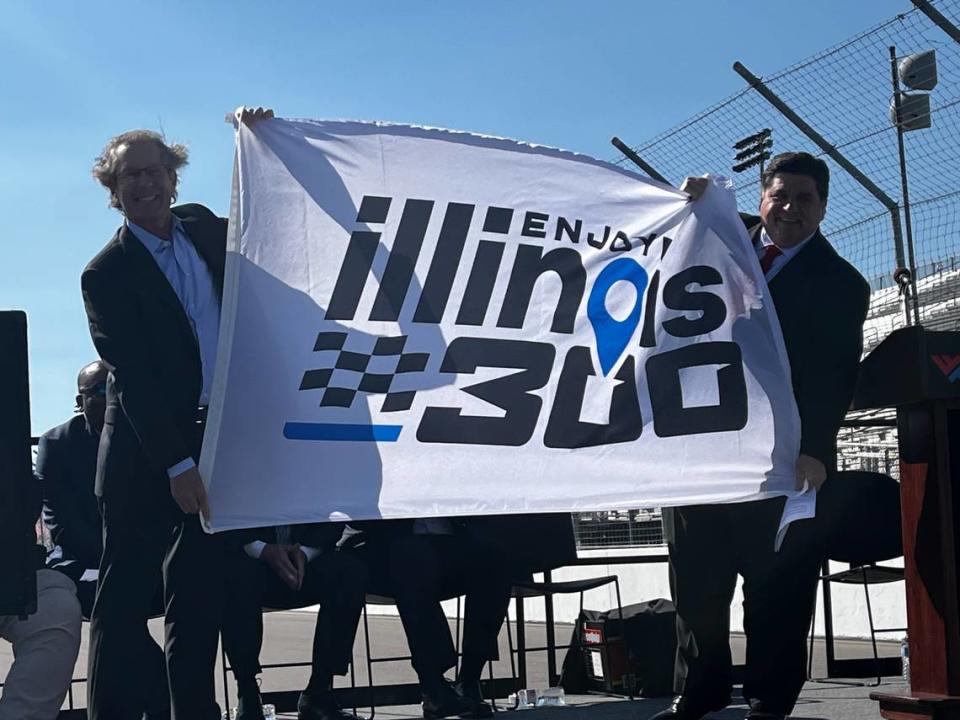 World Wide Technology Raceway owner and CEO Curtis Francois poses with Gov. J.B. Pritzker at the raceway in Madison, Illinois, on Monday. The governor announced the state will be the title sponsor of a NASCAR Cup Series race there in June.