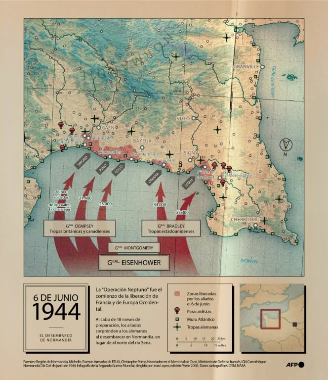 Mapa de Normandía localizando las fuerzas militares presentes durante el desembarco, y los lugares donde se produjo la "Operación Neptuno", el 6 de junio de 1944 (Clara Morineau, Frédéric Bourgeais, Bertille Lagorce, Sabrina Blanchard, Valentin Rakovsky)