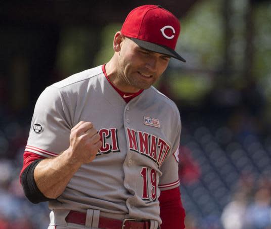 Joey Votto celebrates his trolling of Phillies fans. (Getty)