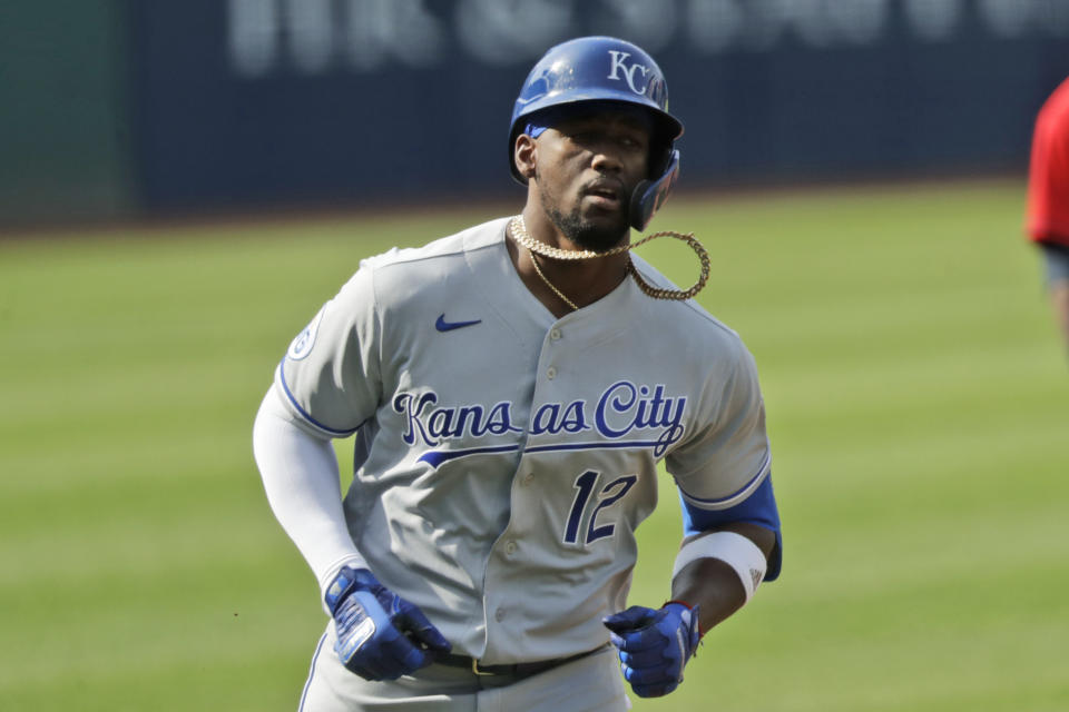 Kansas City Royals' Jorge Soler runs the bases after hitting a solo home run in the first inning in a baseball game against the Cleveland Indians, Saturday, July 25, 2020, in Cleveland. (AP Photo/Tony Dejak)