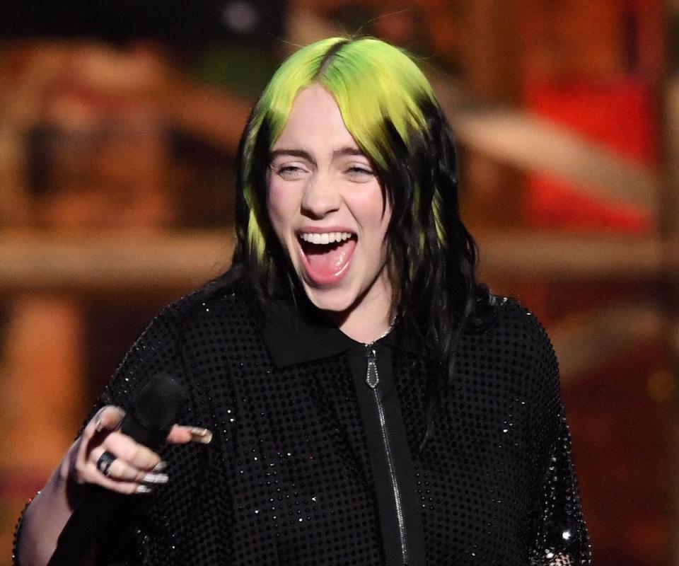 Billie Eilish wins the International Female Solo Artist during The BRIT Awards 2020 (Photo by Karwai Tang/WireImage)