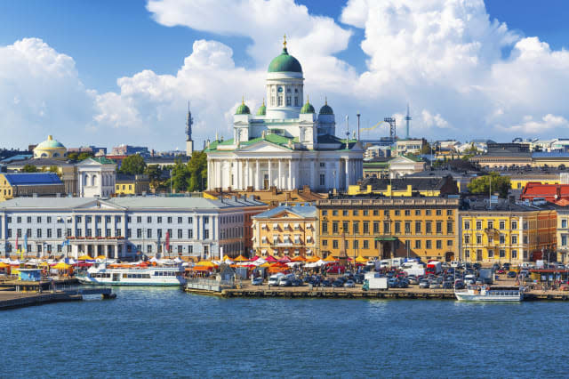 Scenic summer panorama of the Market Square (Kauppatori) at the Old Town pier in Helsinki, Finland