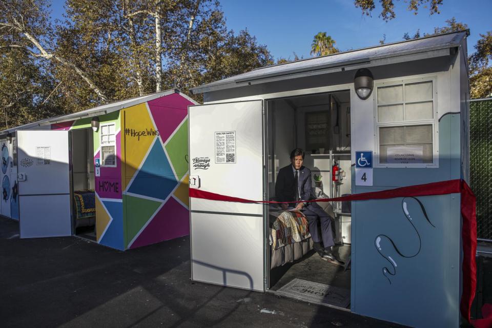 Kevin de León goes over his speech notes before opening of Arroyo Seco Tiny Home Village on Oct. 21, 2021.